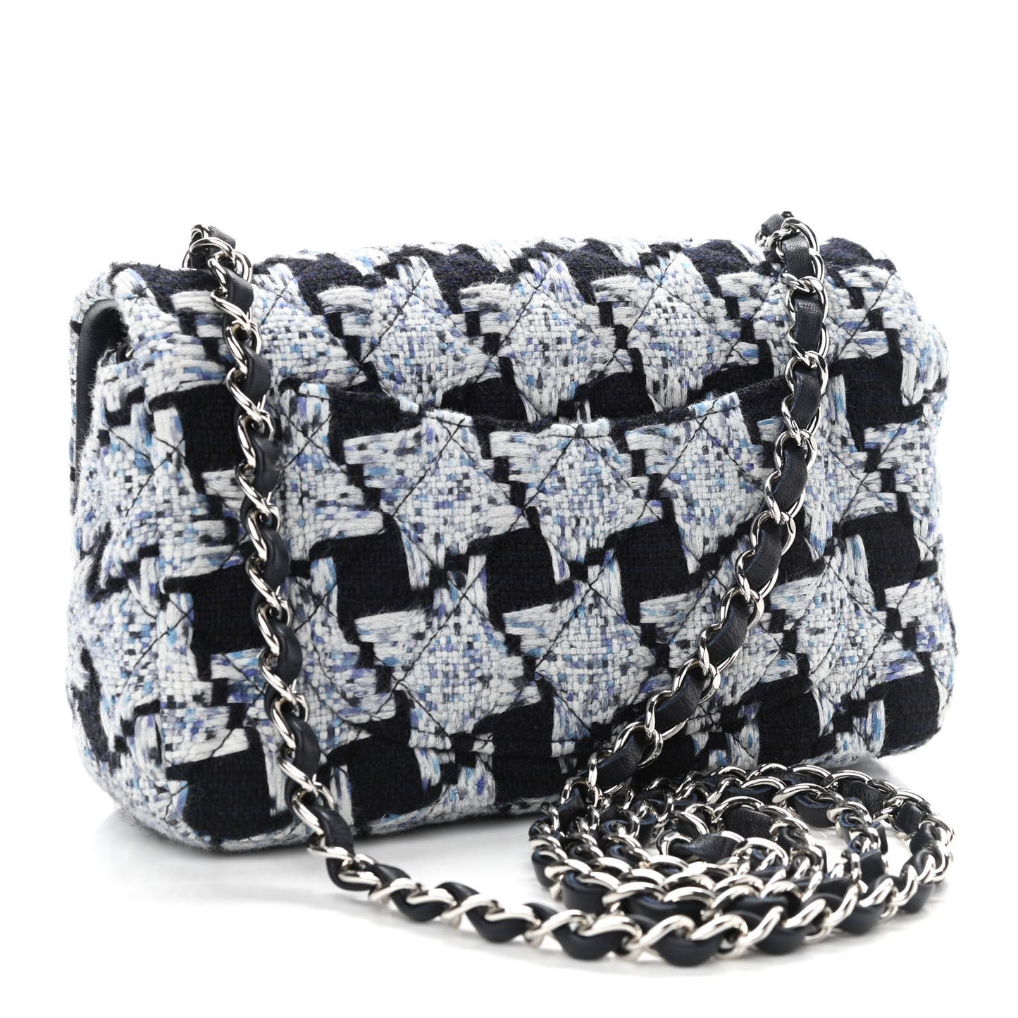 Tweed Quilted Mini Rectangular Flap Black White Light Blue