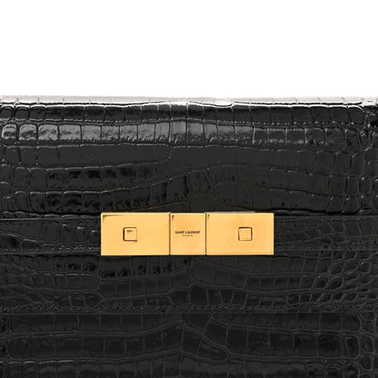 Saint Laurent Shiny Calfskin Crocodile Embossed Small Manhattan Baguette Black 8 of 10