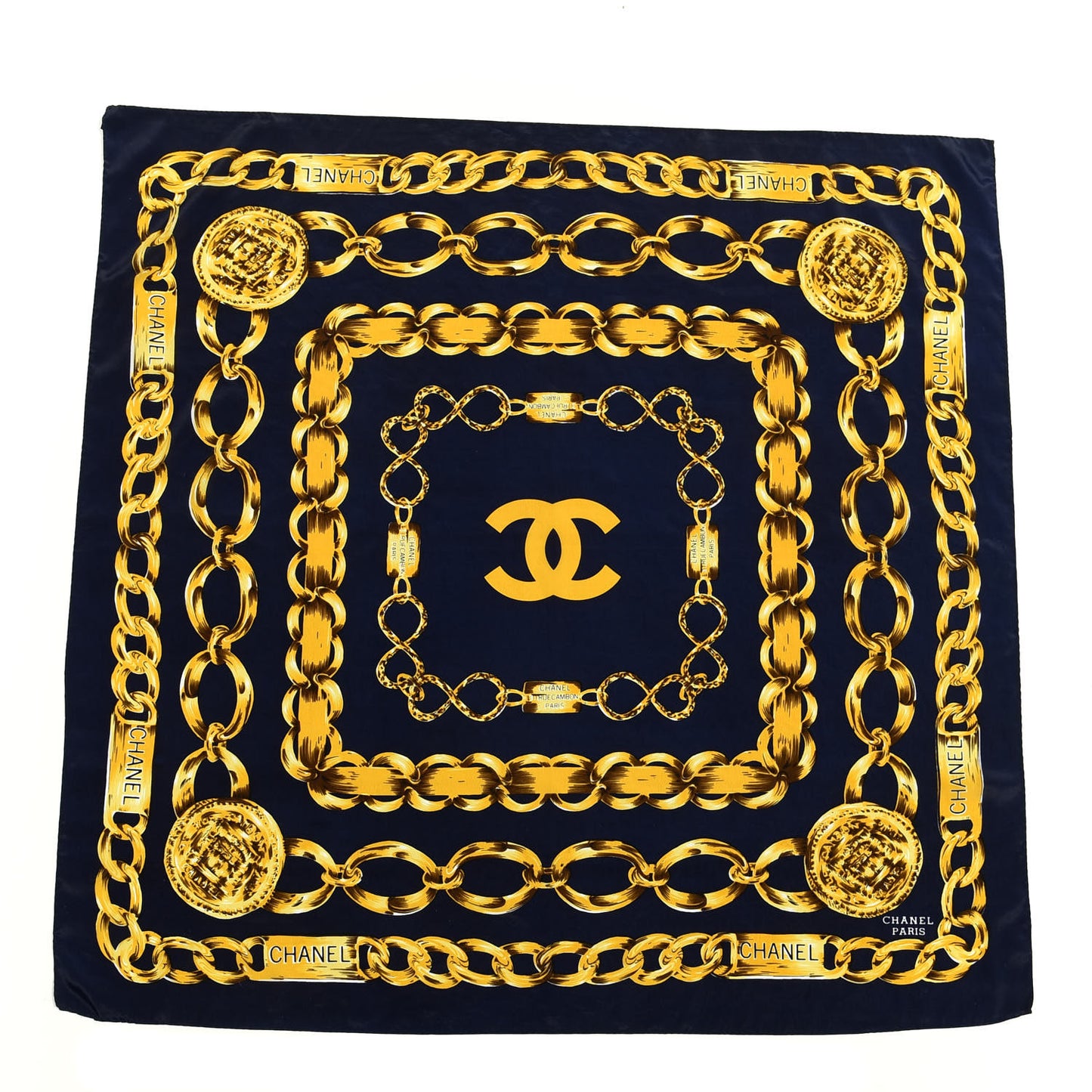 Silk CC Chain Square Scarf Navy