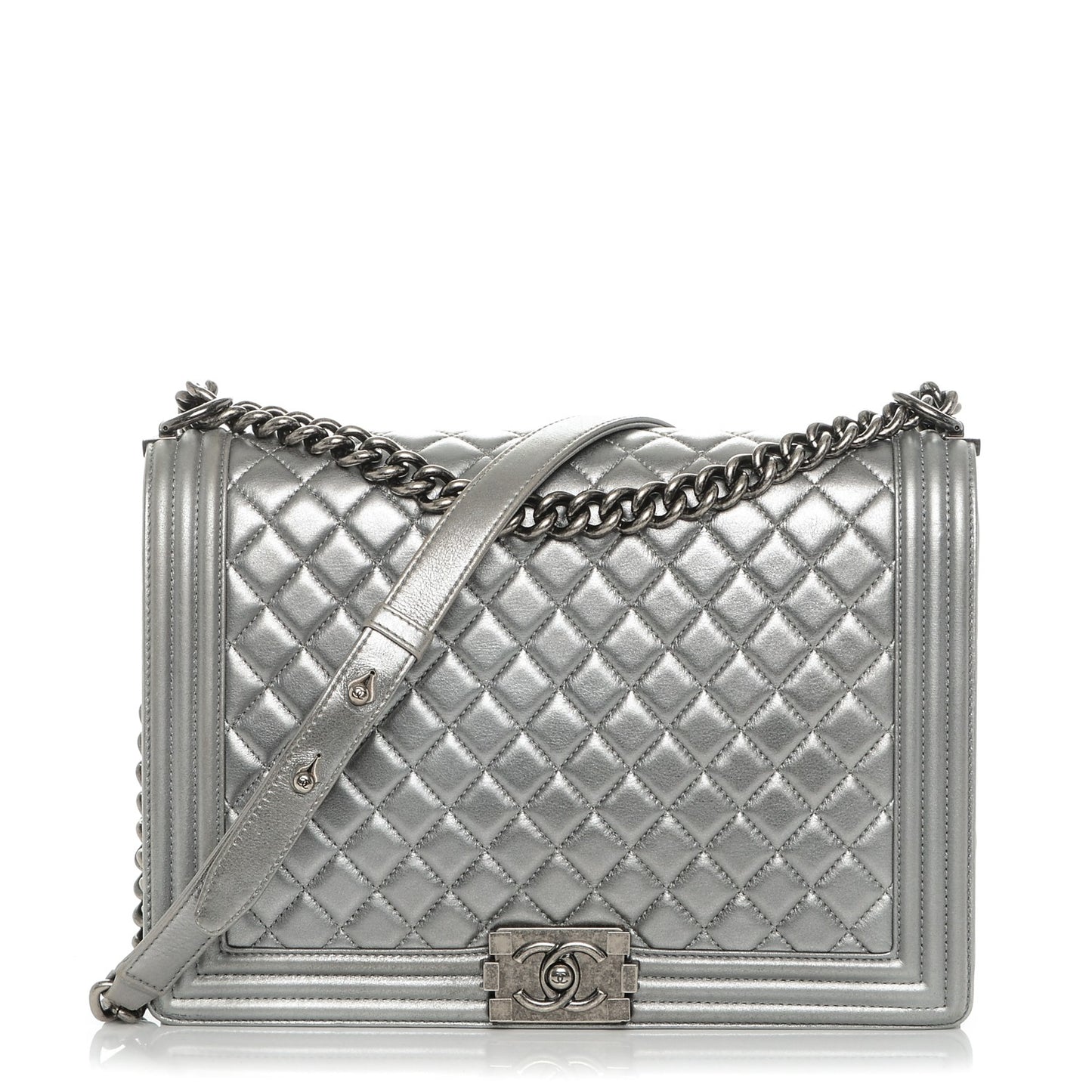 Metallic Calfskin Quilted Large Boy Flap Silver