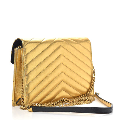 Saint Laurent Metallic Calfskin Matelasse Chevron Monogram Envelope Chain Wallet Gold 3 of 10