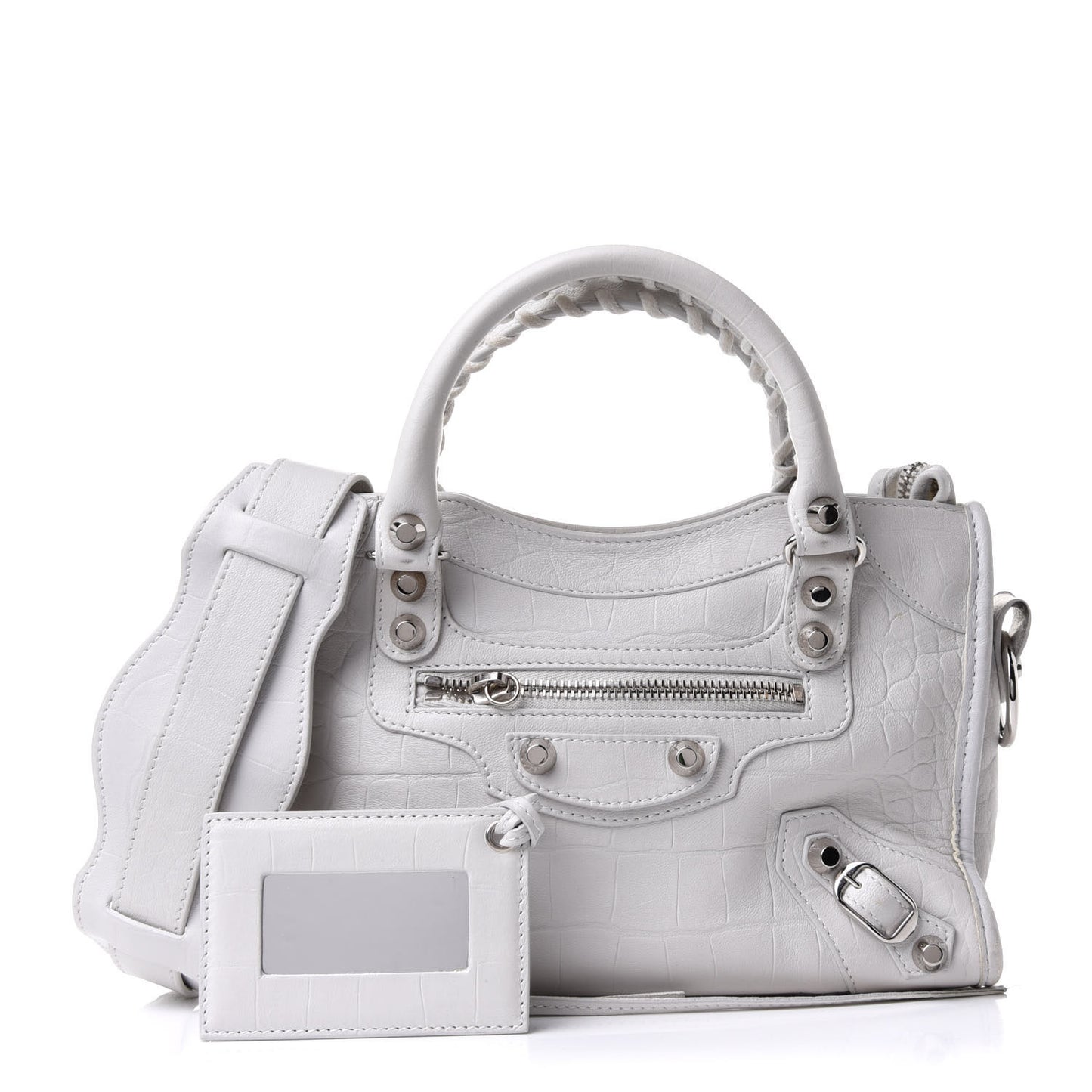Matte Supple Lambskin Crocodile Embossed Classic Silver Hardware Mini City White