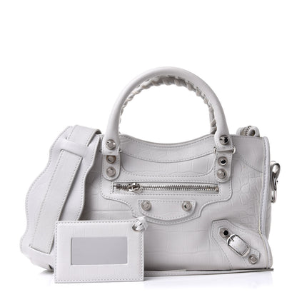 Balenciaga Matte Supple Lambskin Crocodile Embossed Classic Silver Hardware Mini City White 1 of 10
