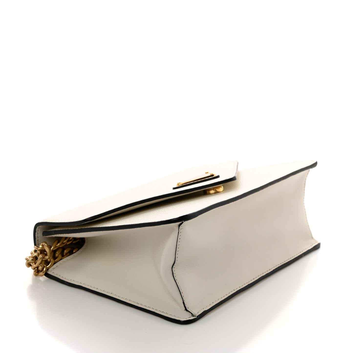 Saffiano Soft Calfskin Metal Triangle Logo Envelope Chain Shoulder Bag White