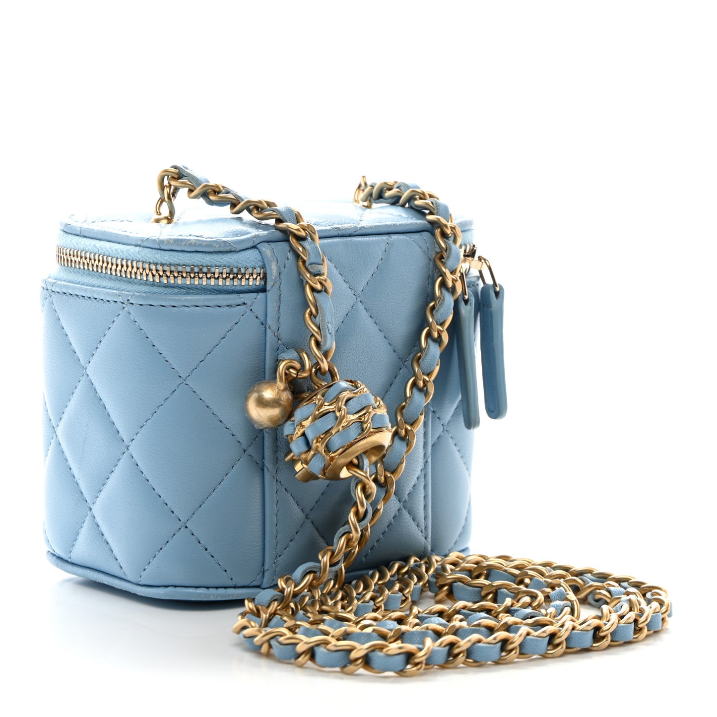 Lambskin Quilted Pearl Crush Mini Vanity Case With Chain Light Blue