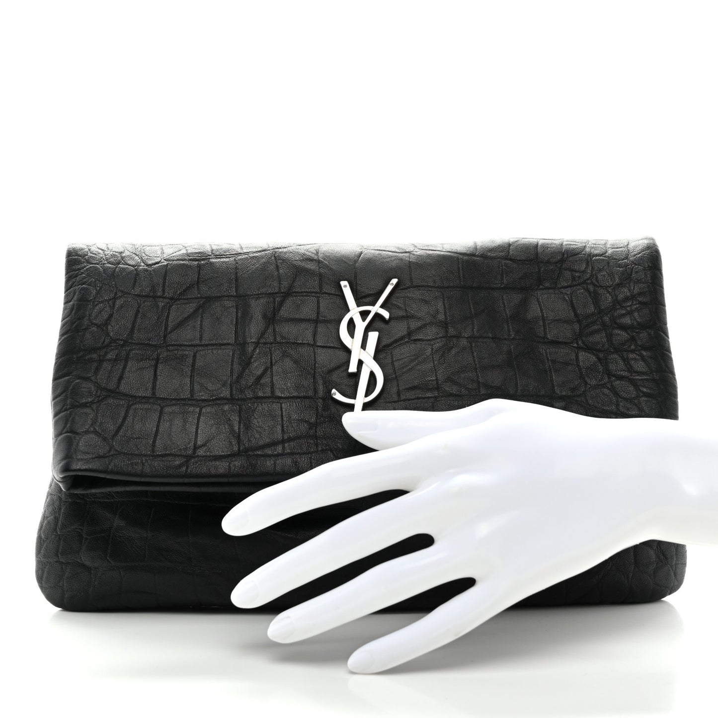 Calfskin Crocodile Embossed West Hollywood Monogram Fold Over Clutch Black