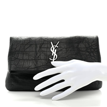 Saint Laurent Calfskin Crocodile Embossed West Hollywood Monogram Fold Over Clutch Black 2 of 8