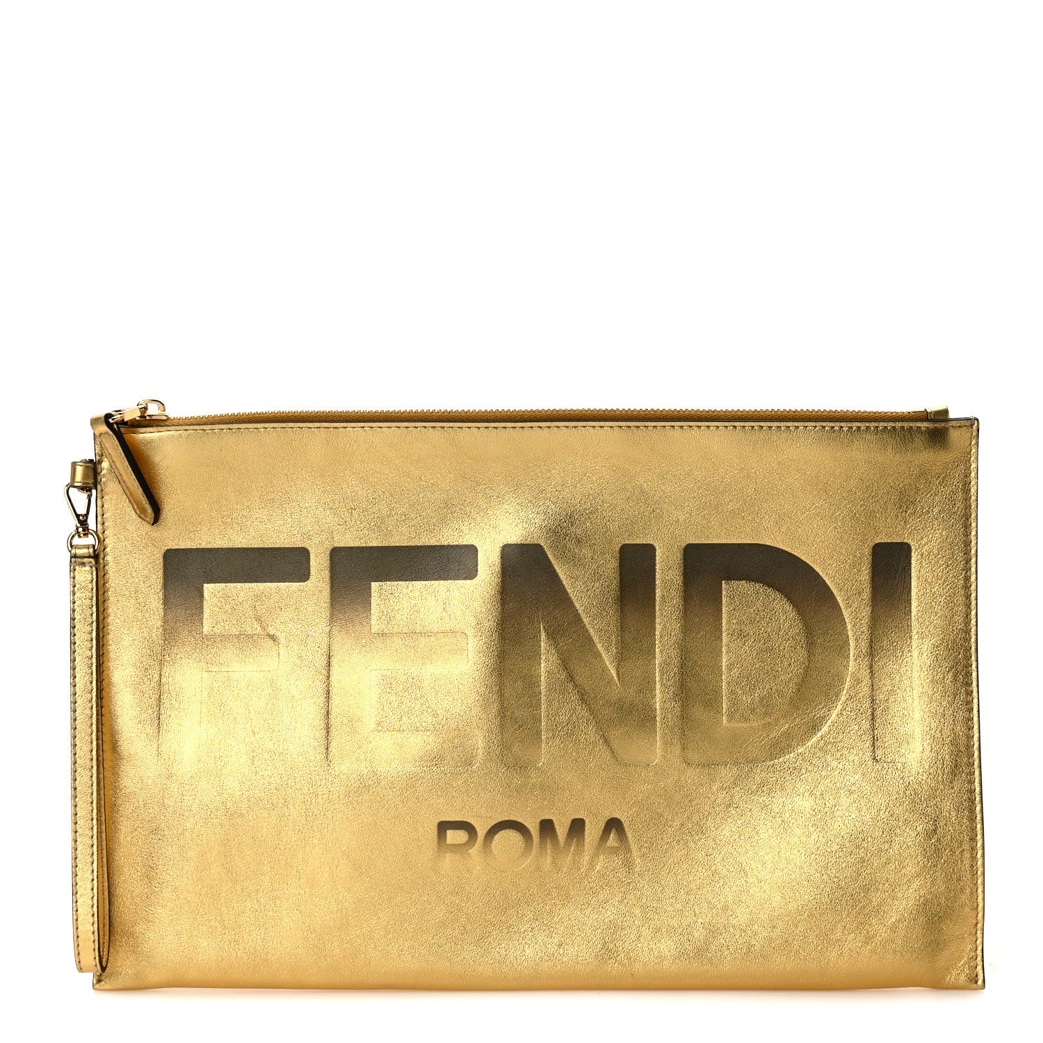 Fendi Metallic Vitello King Logo Embossed Large Flat Pouch Gold 1 of 8