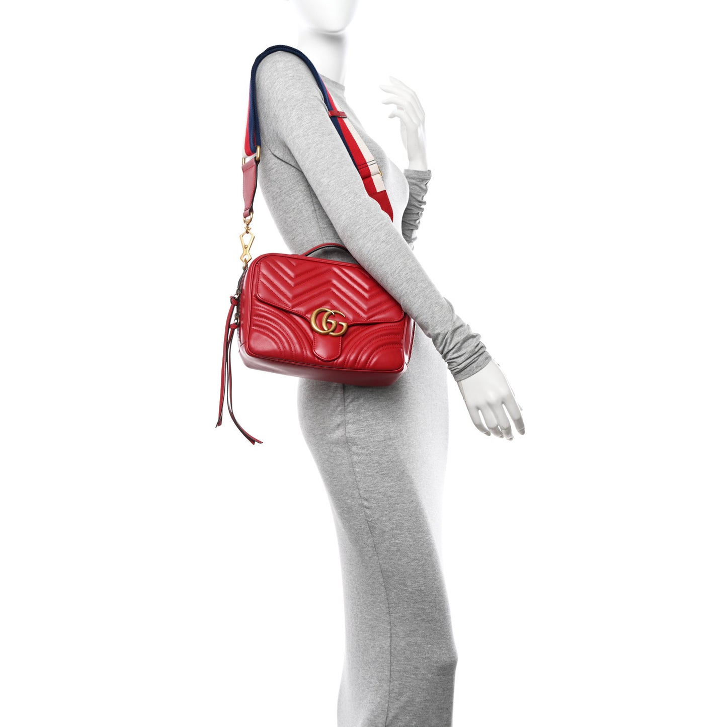 Calfskin Matelasse Sylvie Web Small GG Marmont Top Handle Shoulder Bag Hibiscus Red