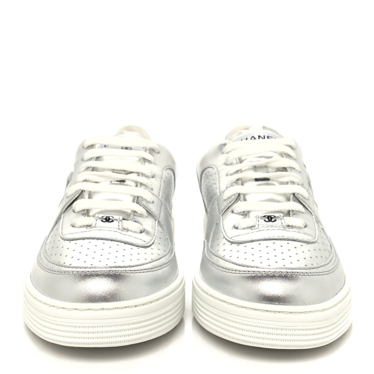 Laminated Calfskin CC Womens Sneakers 40 Silver