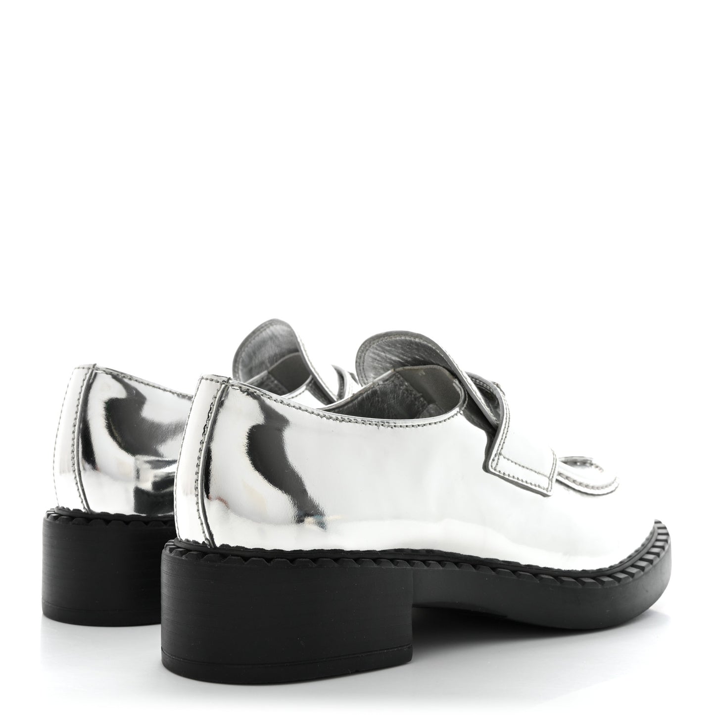 Metallic Brushed Calfskin Metal Triangle Logo 50mm Loafers 38.5 Argento