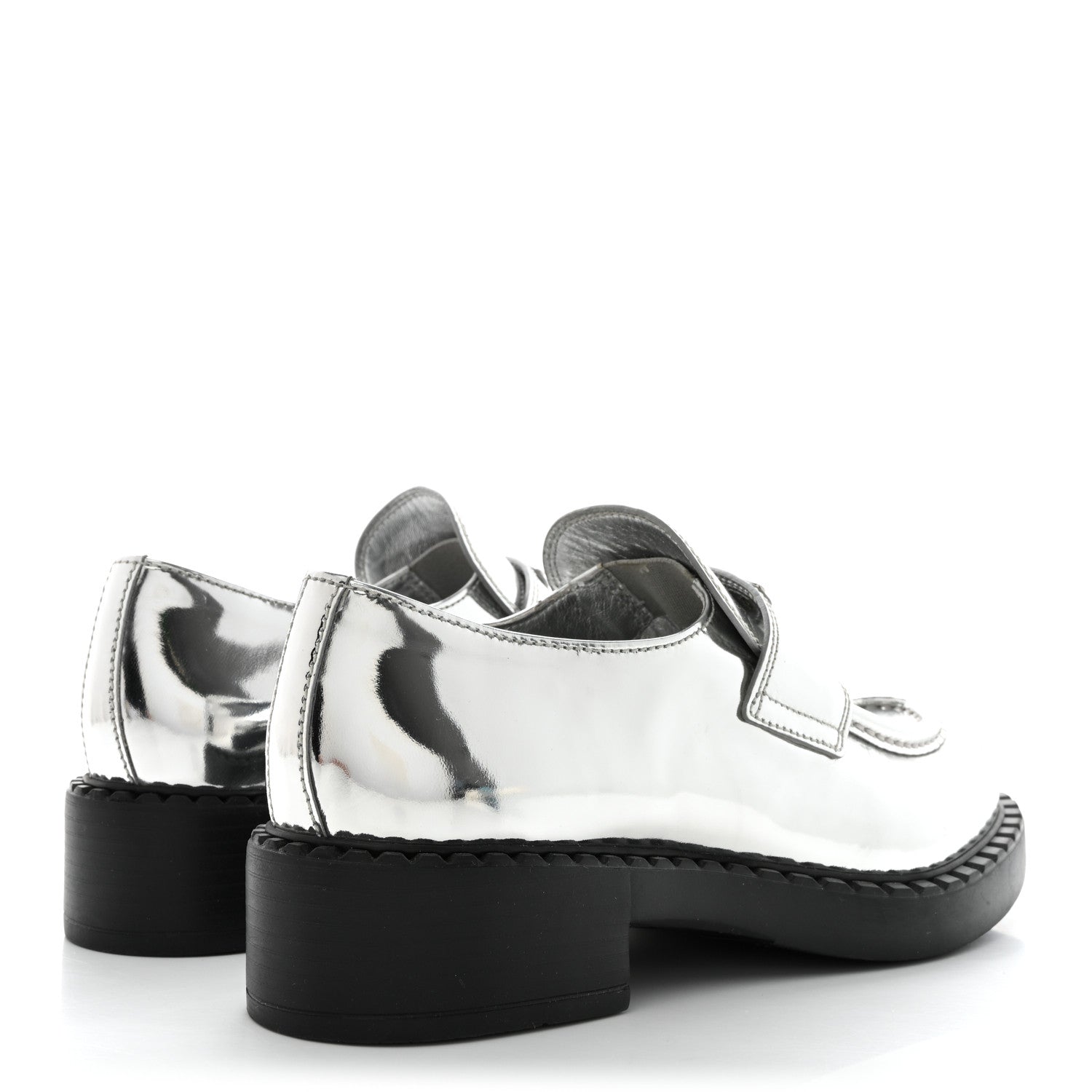 Prada Metallic Brushed Calfskin Metal Triangle Logo 50mm Loafers 38.5 Argento 4 of 9