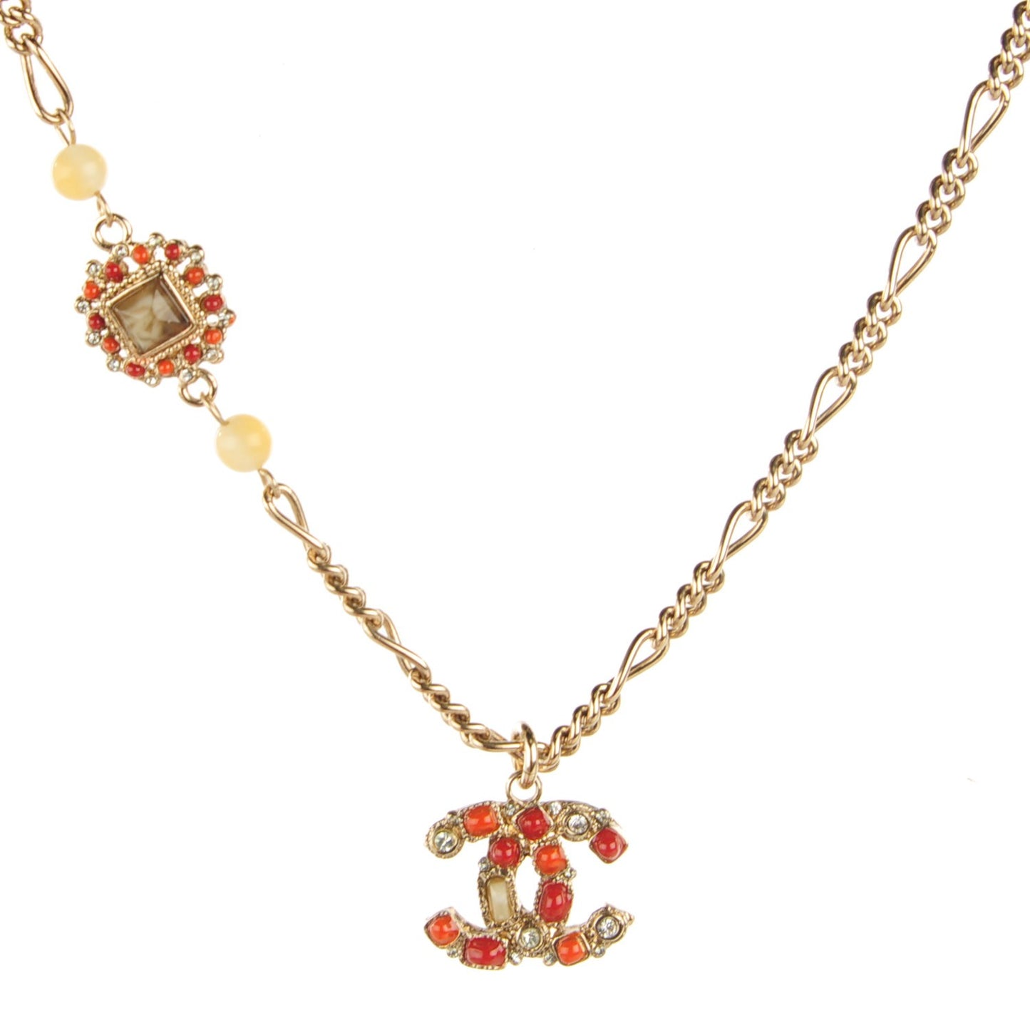 Crystal Gripoix Poured Glass CC Necklace Gold Red
