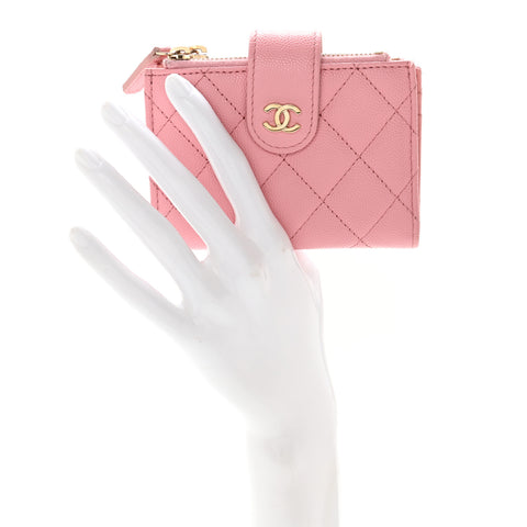 Caviar Quilted Compact Zipped Pocket Wallet Pink