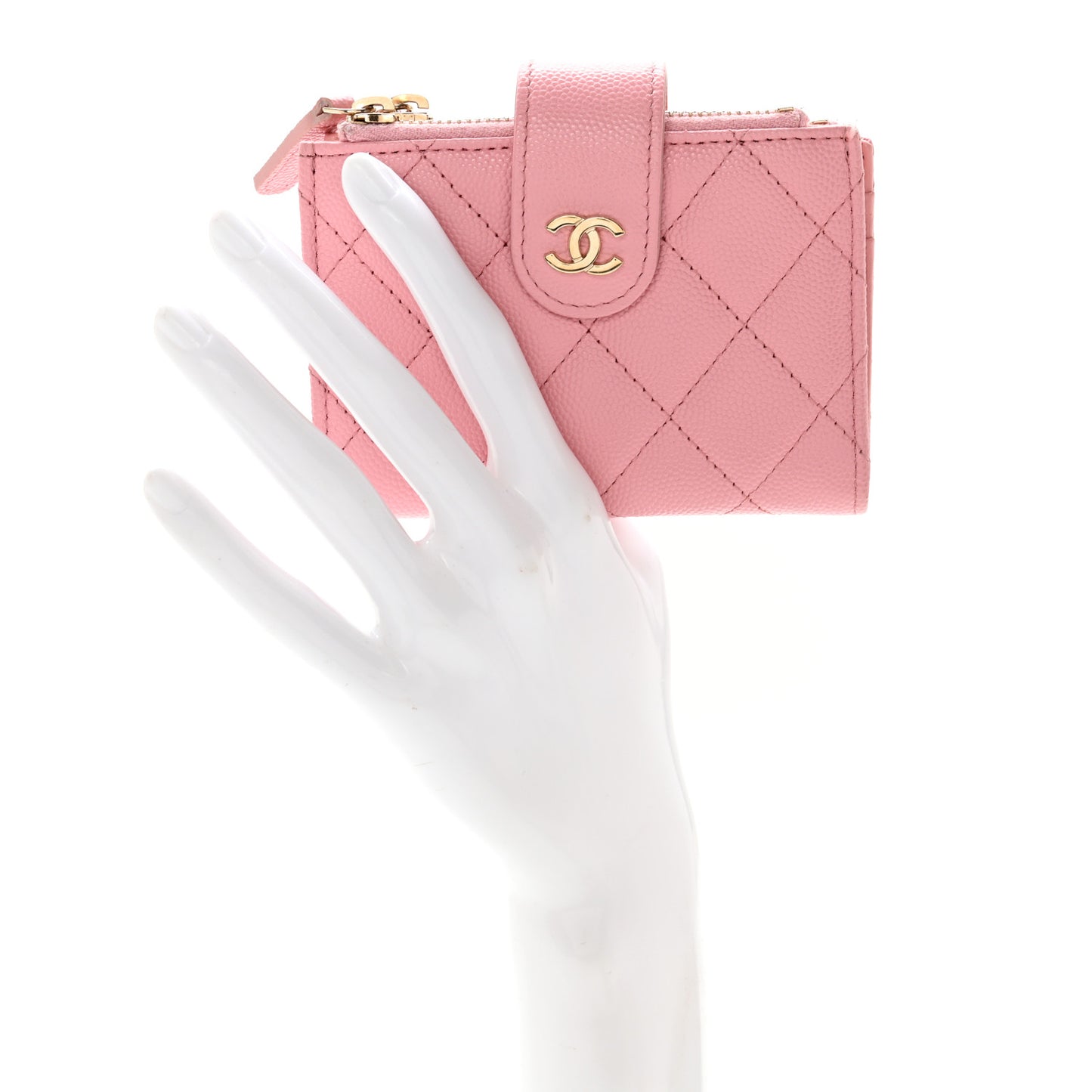 Caviar Quilted Compact Zipped Pocket Wallet Pink