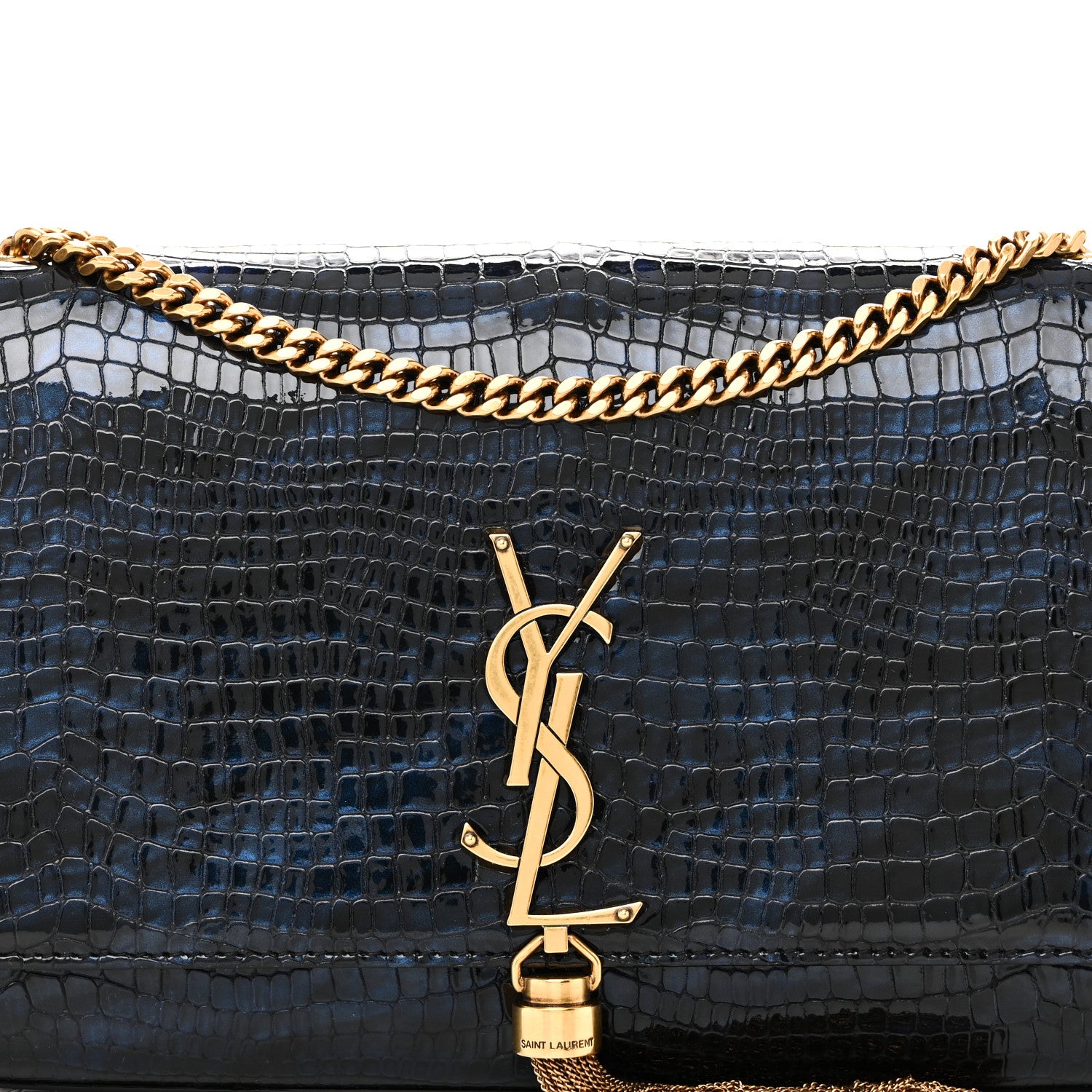 Saint Laurent Calfskin Crocodile Embossed Medium Classic Monogram Kate Tassel Satchel Black Blue 8 of 11