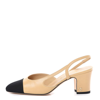 Chanel Goatskin Grosgrain Cap Toe CC Slingback Pumps 35 Beige Black 1 of 12