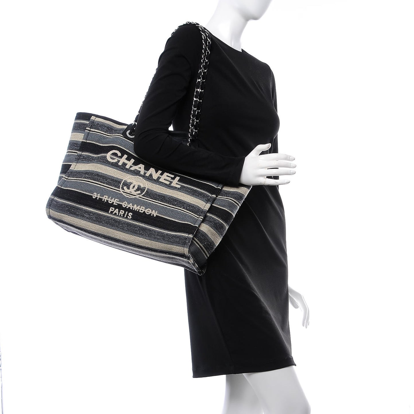 Striped Canvas Medium Deauville Tote Black