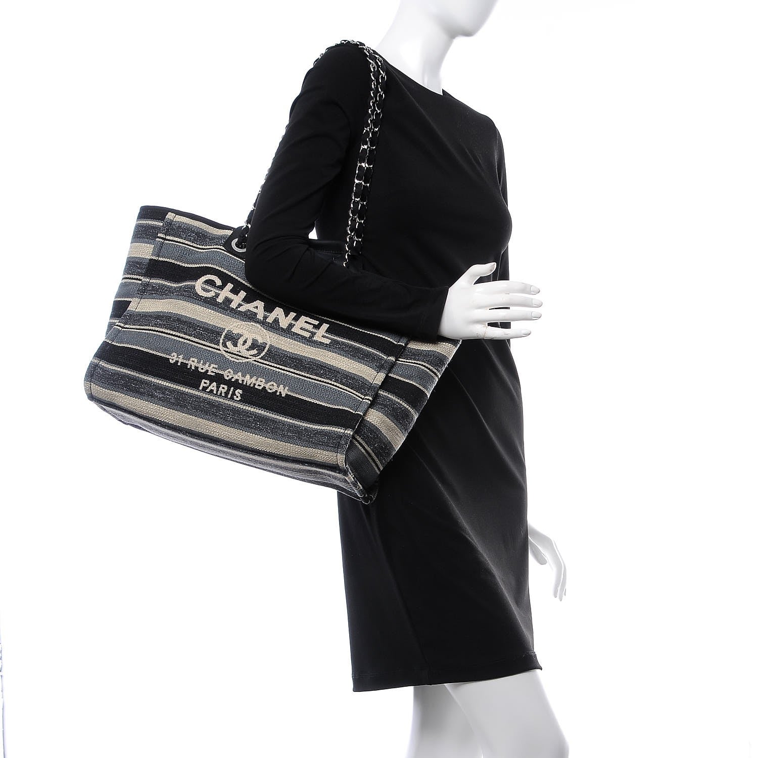 Chanel Striped Canvas Medium Deauville Tote Black 3 of 8
