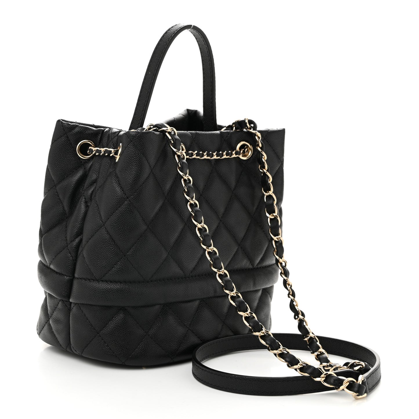 Caviar Quilted Rolled Up Bucket Drawstring Bag Black