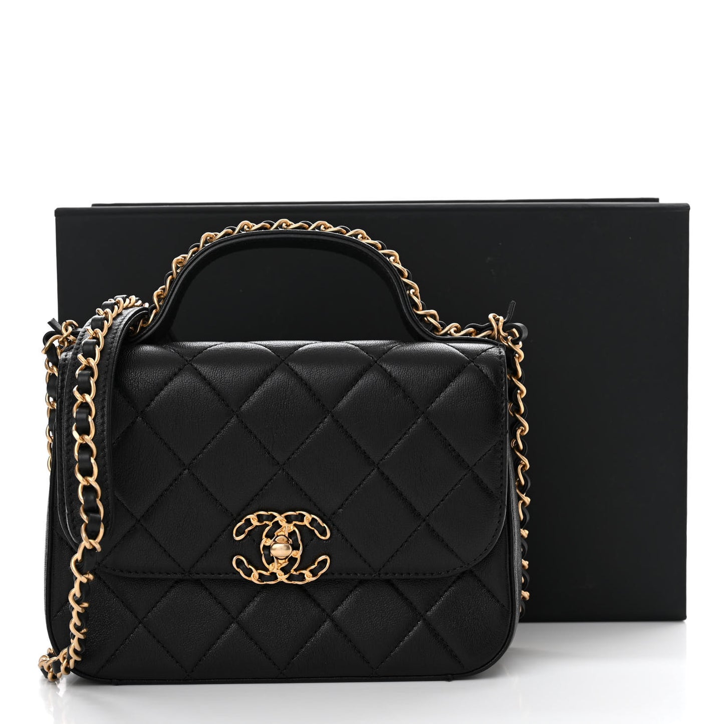 Lambskin Quilted Small Chain Infinity Top Handle Flap Black