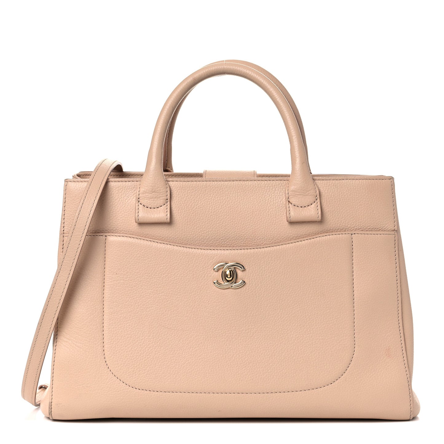 Grained Calfskin Small Neo Executive Shopper Tote Beige