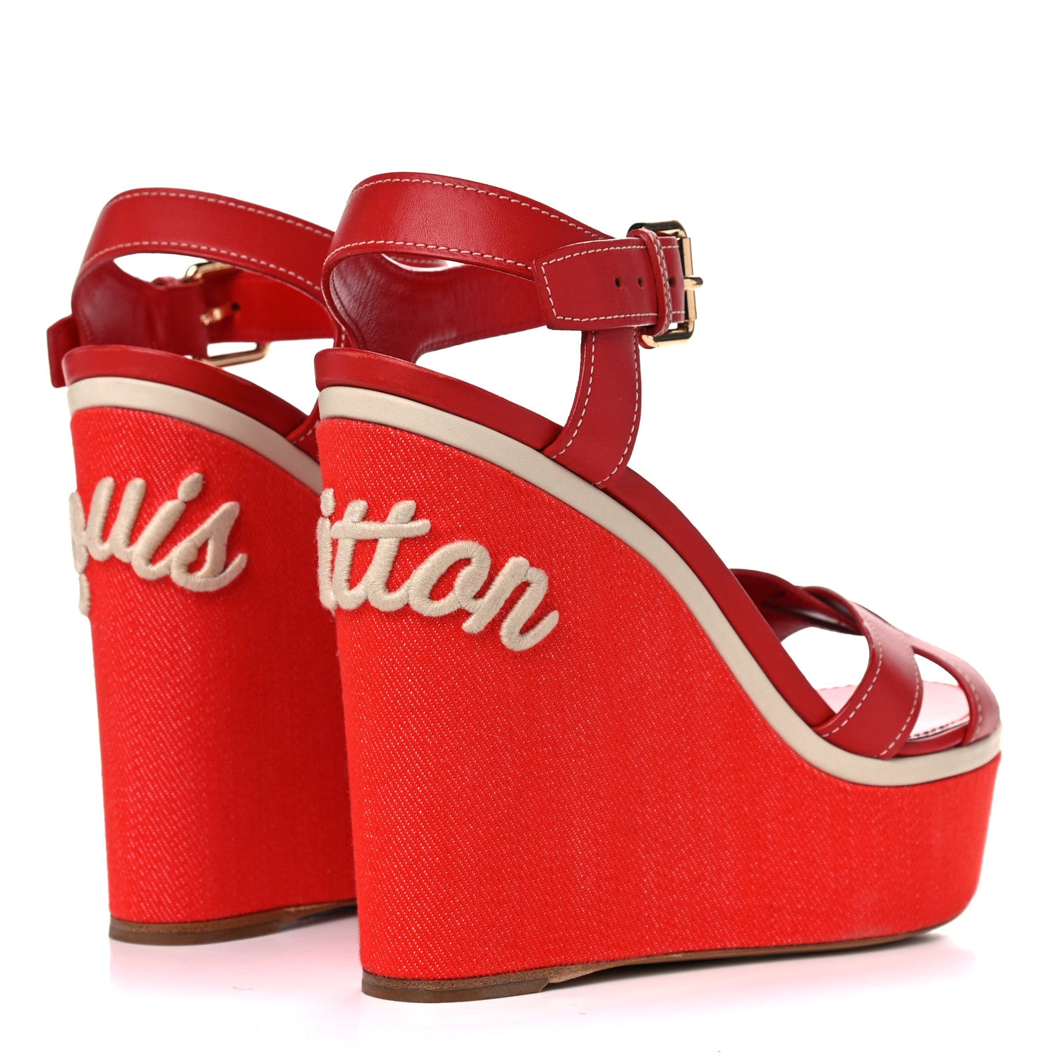 Louis Vuitton Canvas Waterfall Wedge Sandals 39.5 Red 4 of 13