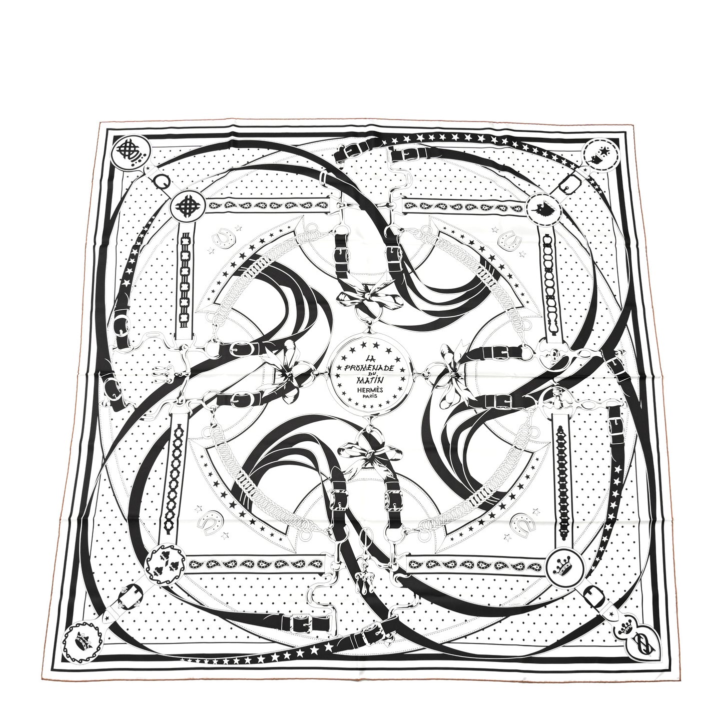 Silk La Promenade du Matin Bandana Double Face Scarf 140 White Black Cuir