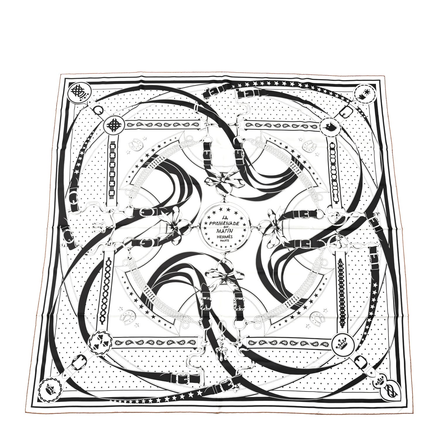 Hermes Silk La Promenade du Matin Bandana Double Face Scarf 140 White Black Cuir 1 of 4