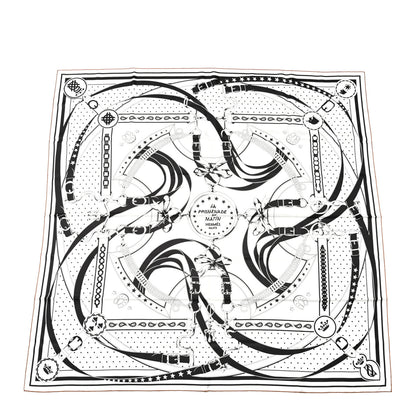 Hermes Silk La Promenade du Matin Bandana Double Face Scarf 140 White Black Cuir 1 of 4
