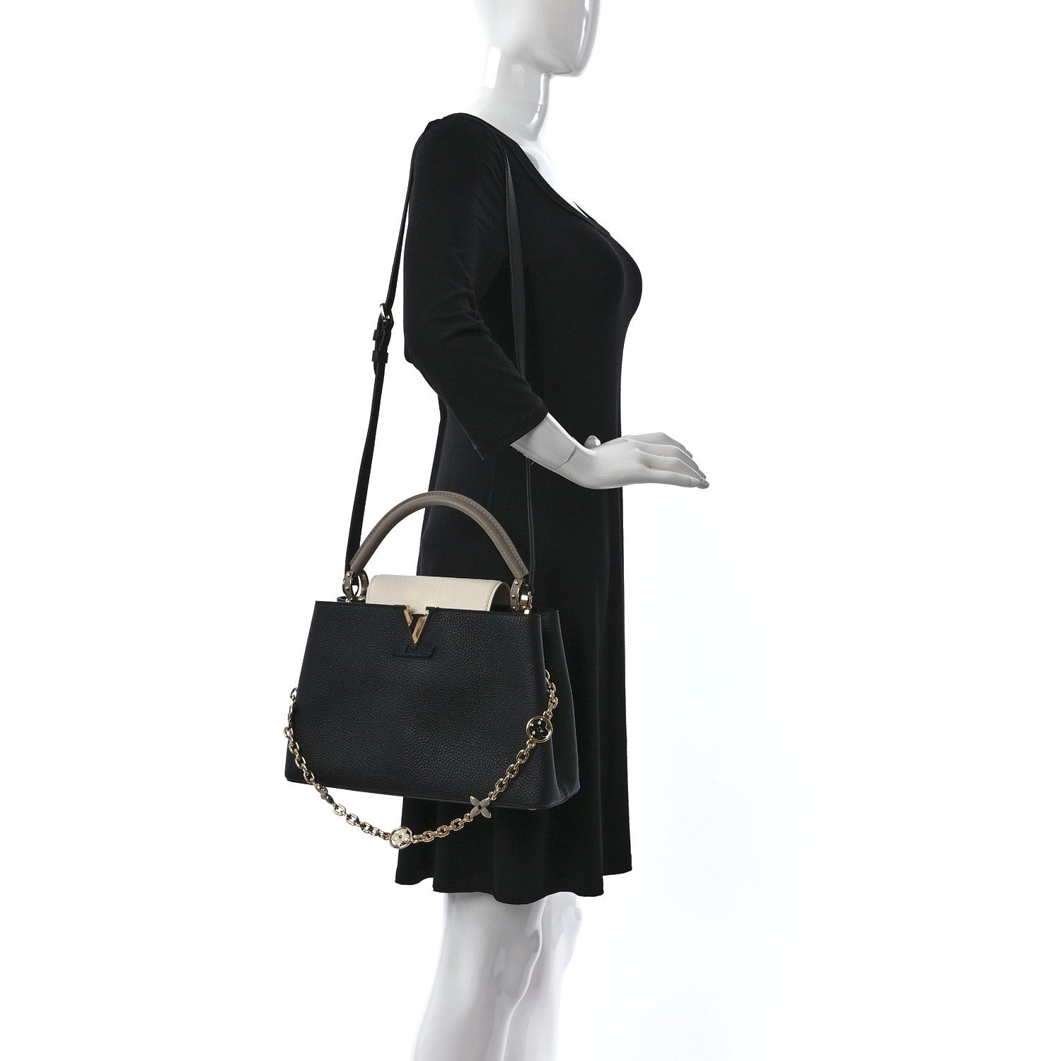 Louis Vuitton Taurillon Flower Chain Capucines MM Black Galet Gray Pearly Cream 2 of 11