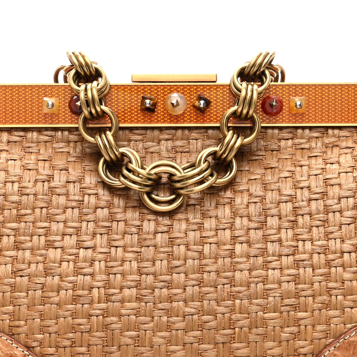 Prada Straw Crocodile Woven Semitracolla Frame Bag Tabacco Orange 7 of 9