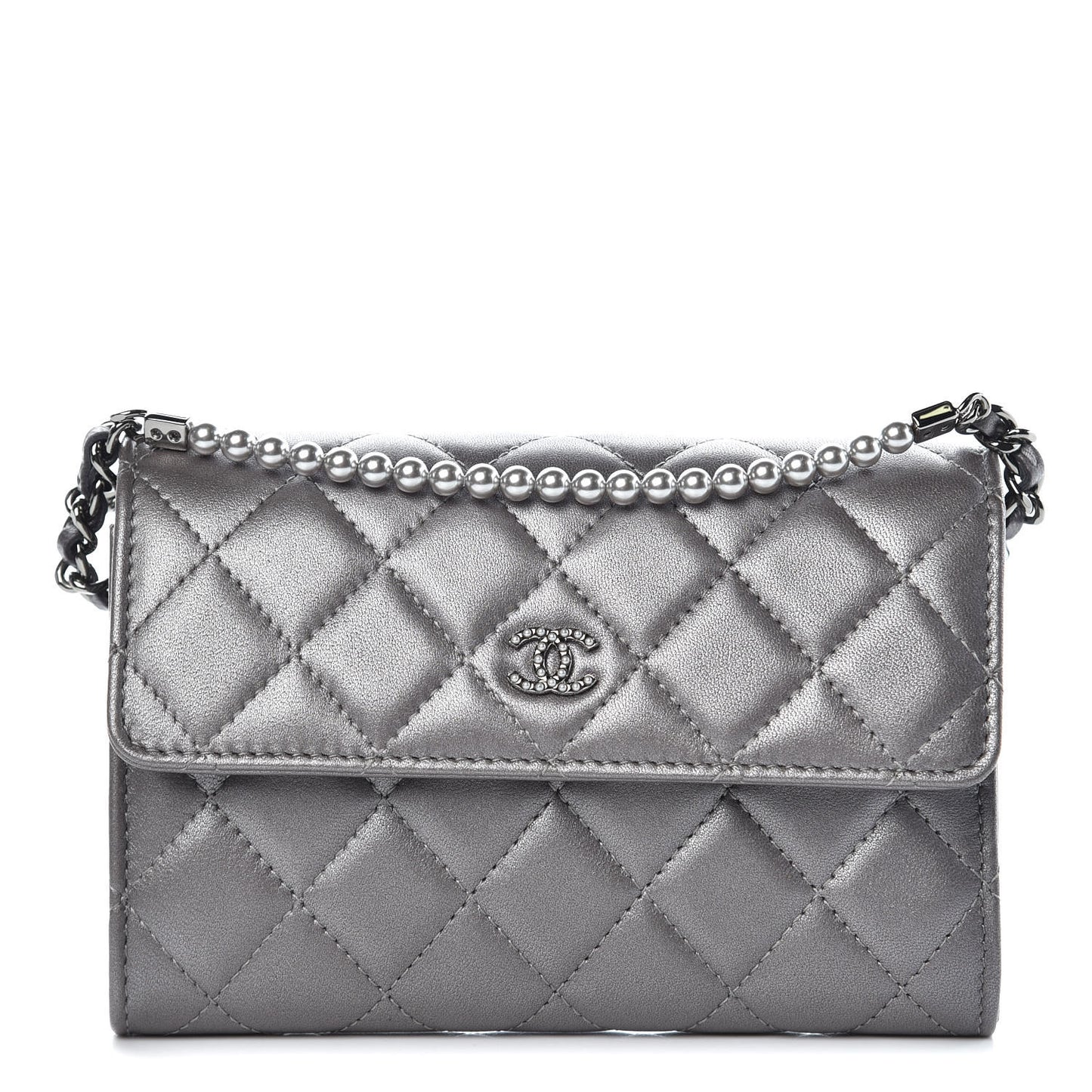 Lambskin Quilted Pearl My Shoulder Mini French Wallet On Chain WOC Silver