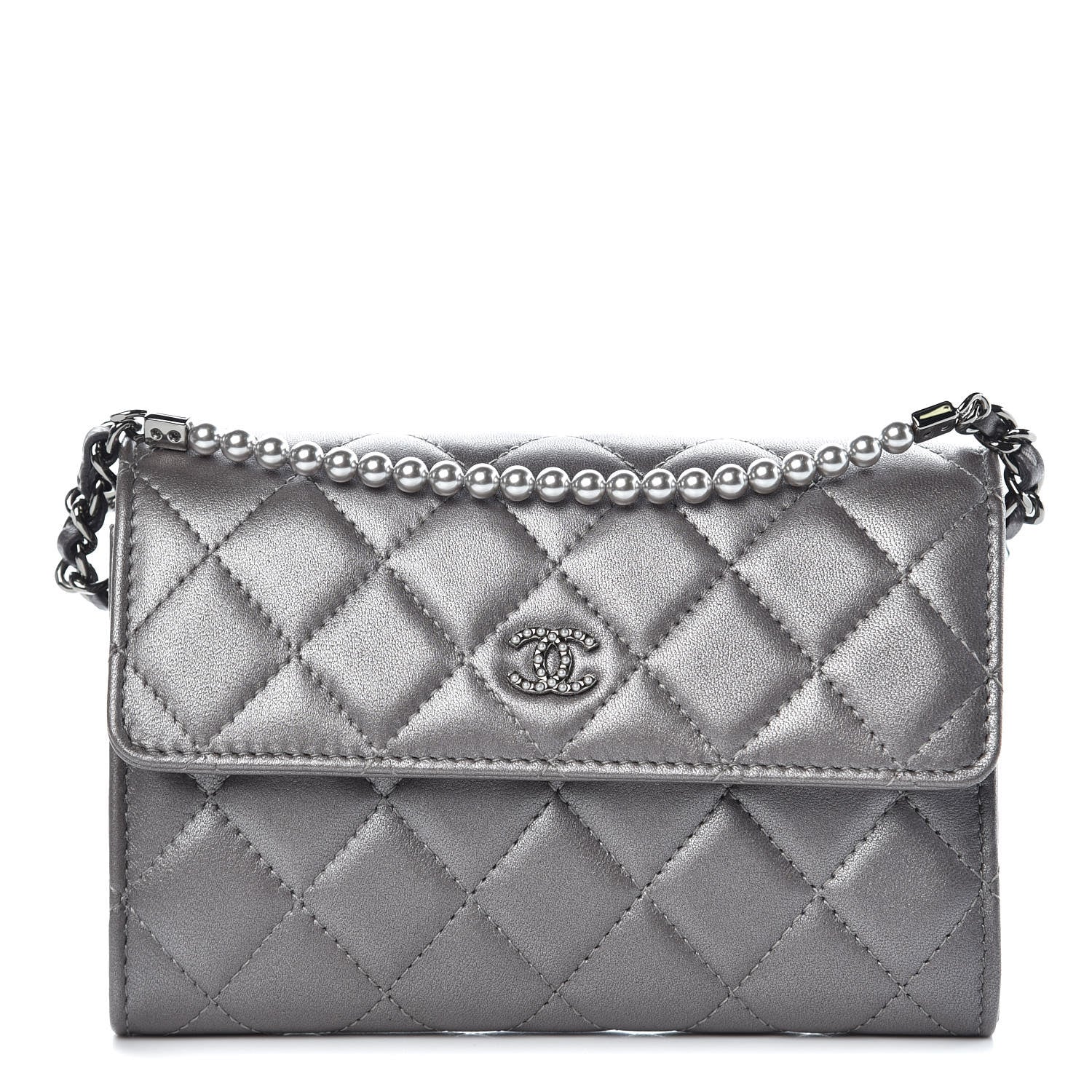 Chanel Lambskin Quilted Pearl My Shoulder Mini French Wallet On Chain WOC Silver 1 of 9