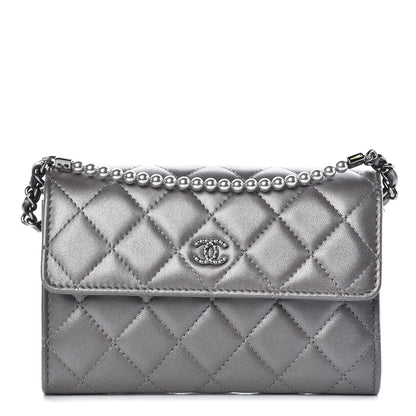 Chanel Lambskin Quilted Pearl My Shoulder Mini French Wallet On Chain WOC Silver 1 of 9