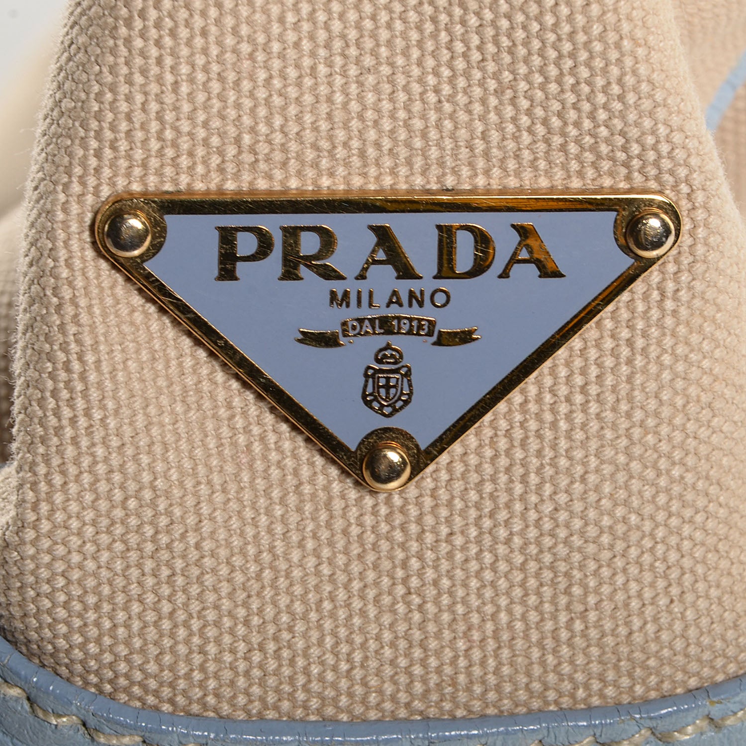Prada Canapa Canvas Leather Small Tote Blue Beige 9 of 10