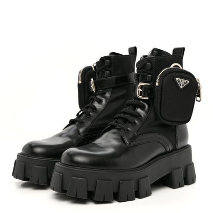 Prada Spazzolato Rois Nylon Metal Triangle Logo Monolith Pouch Pocket 55mm Boots 38 Black 2 of 9