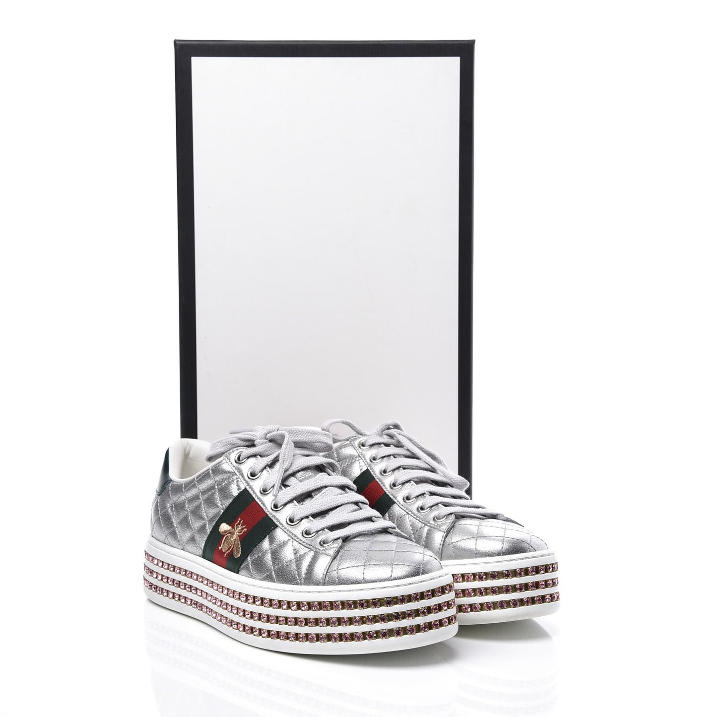 Laminated Nappa Crystal Web Bee Embroidered Trapuntata Womens Ace Platform Sneakers 36 Argento