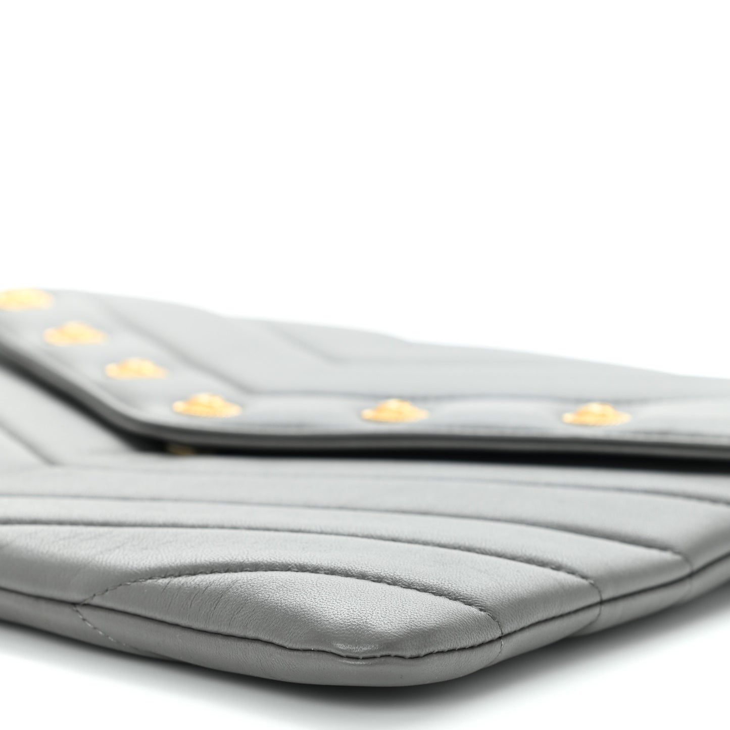 Calfskin Chevron Quilted CC Button Envelope Pouch Grey