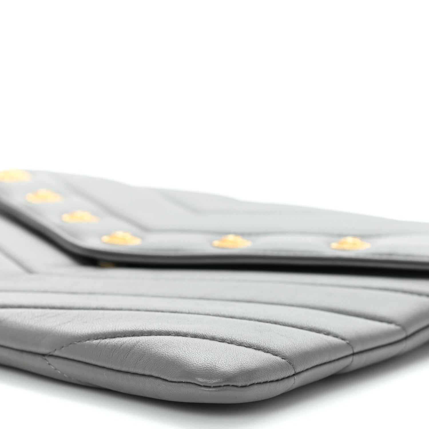 Chanel Calfskin Chevron Quilted CC Button Envelope Pouch Grey 9 of 9