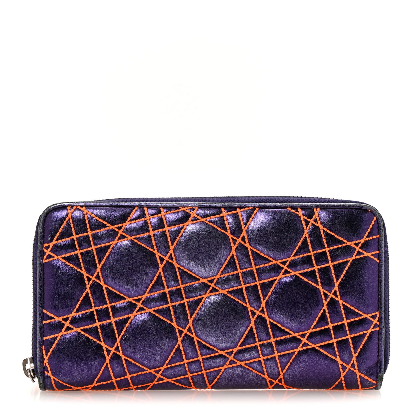 Metallic Lambskin Cannage Anselm Reyle Lady Dior Zip Wallet Purple Orange
