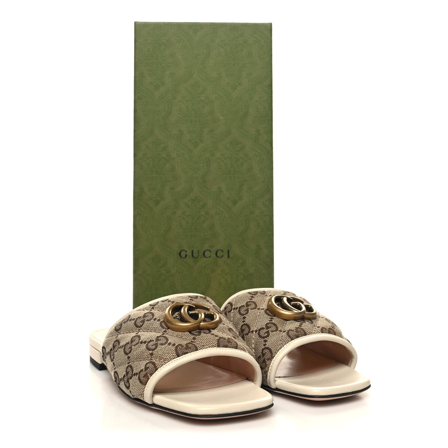 Monogram Matelasse Diagonal GG Marmont Flat Slide Sandals 35.5 Beige Ebony Mystic White