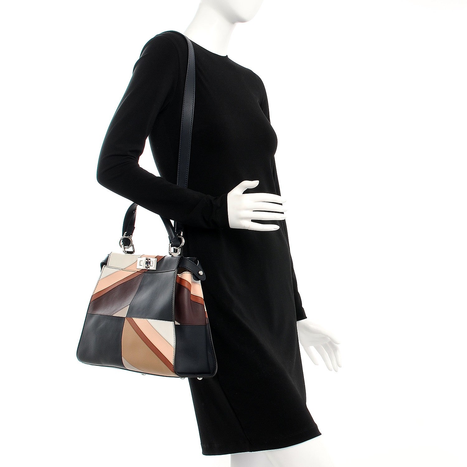 Fendi Vitello Seta Patchwork Medium Peekaboo Iconic Satchel Night Blue Multicolor 2 of 8