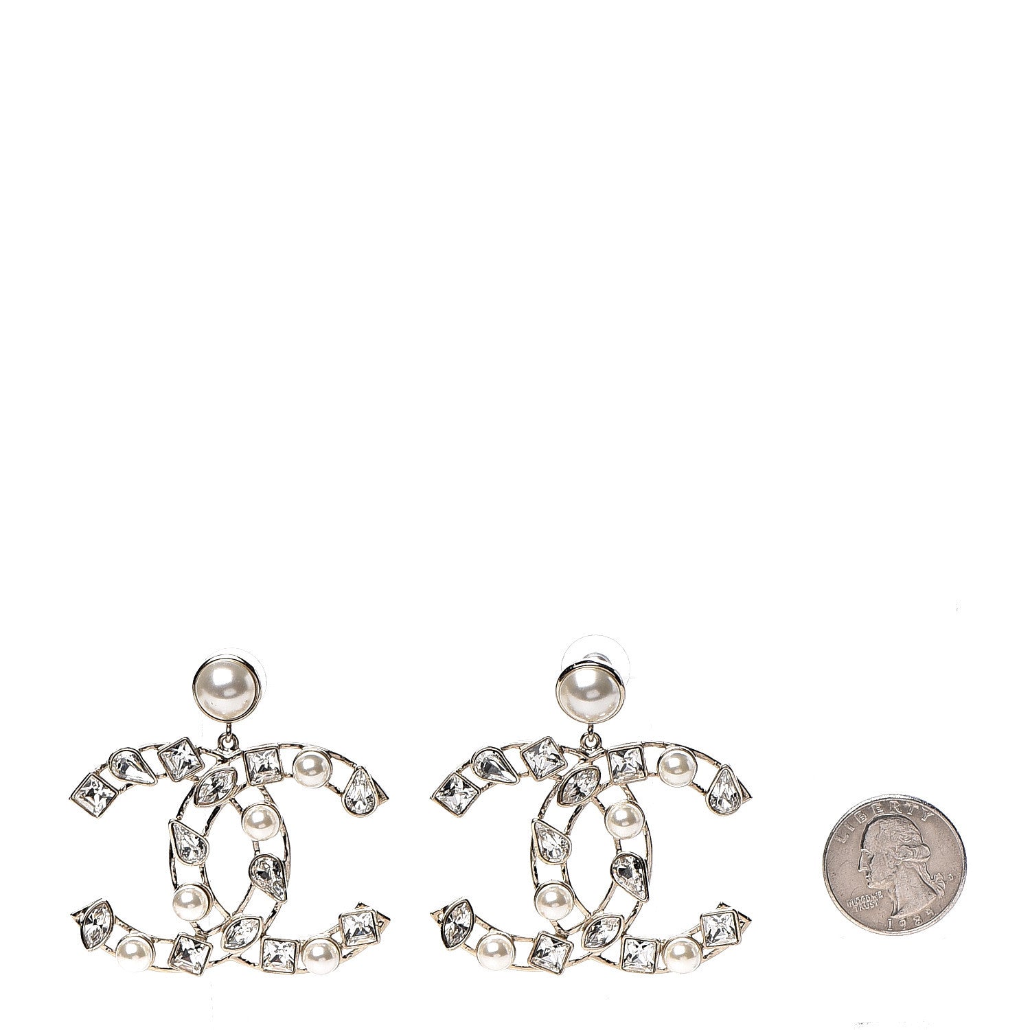 Chanel Metal Glass Pearl CC Crystal Snowfall CC Drop Earrings Light Gold 2 of 6