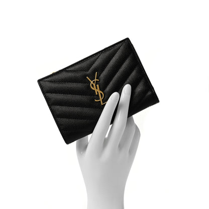 Saint Laurent Grain De Poudre Matelasse Chevron Monogram Zipped Two-Part Wallet Black 2 of 8