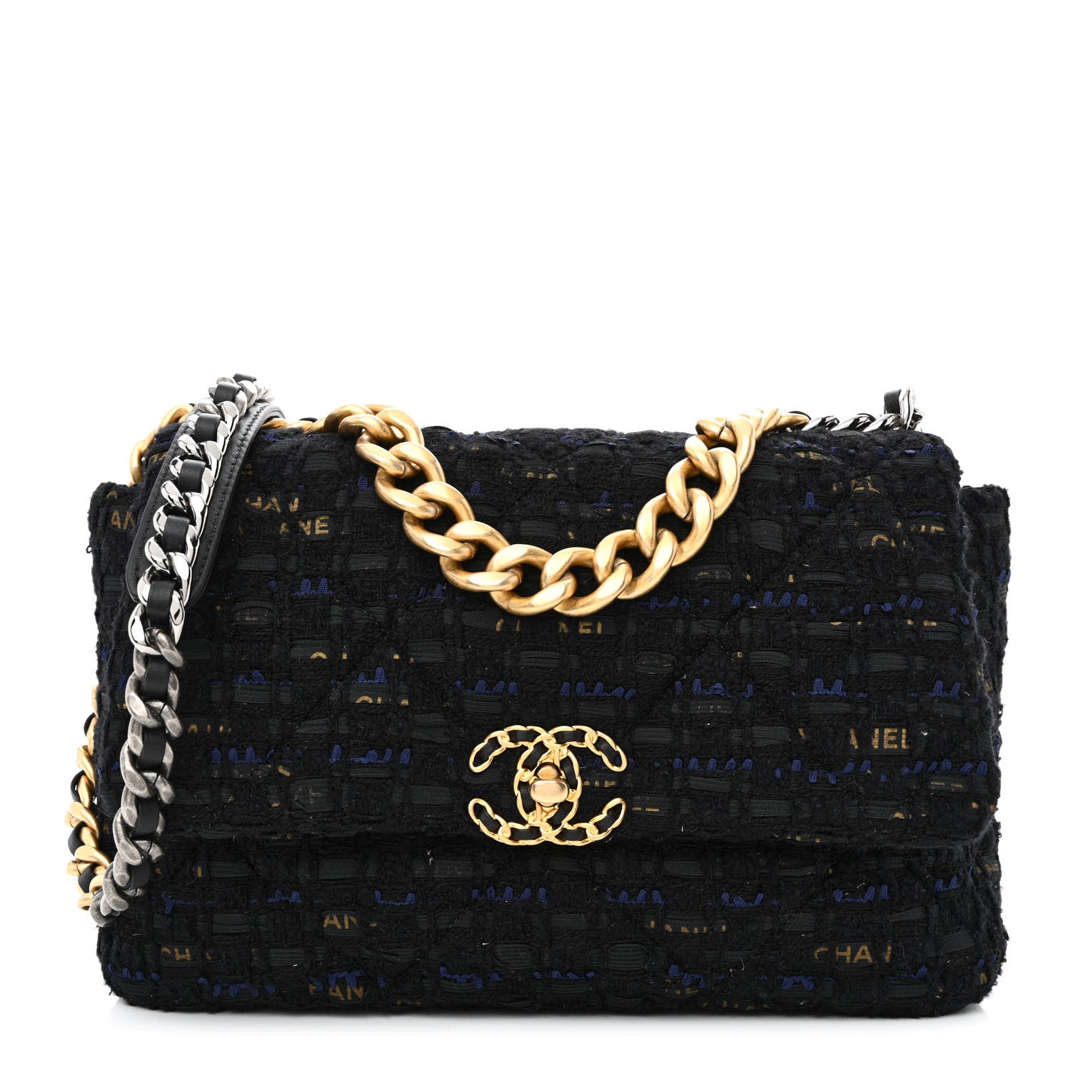 Chanel Tweed Quilted Large Chanel 19 Flap Black Navy Gold 1 of 10