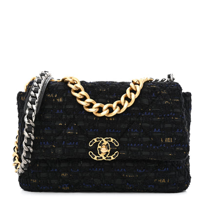 Chanel Tweed Quilted Large Chanel 19 Flap Black Navy Gold 1 of 10
