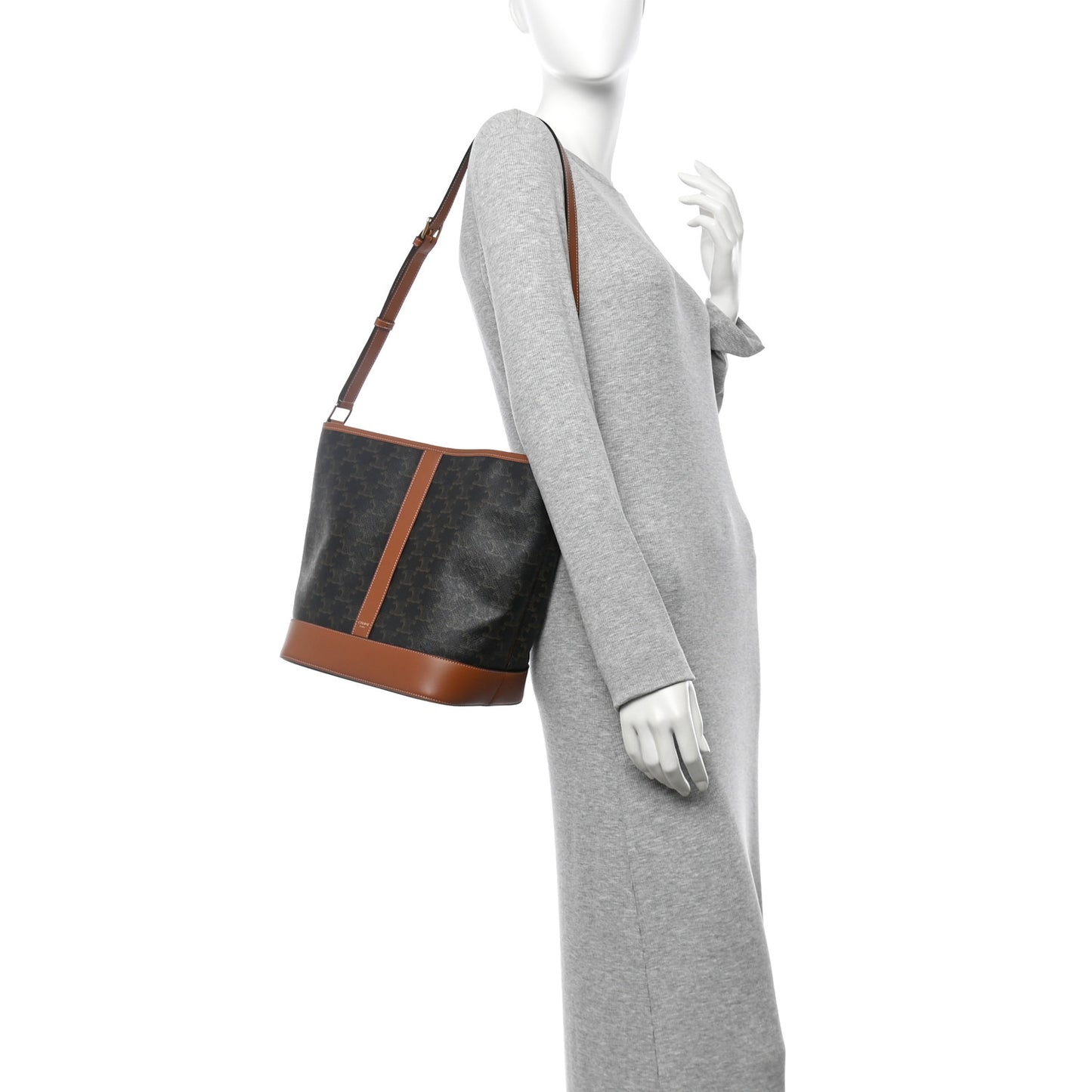 Triomphe Canvas Calfskin Medium Bucket Bag Tan