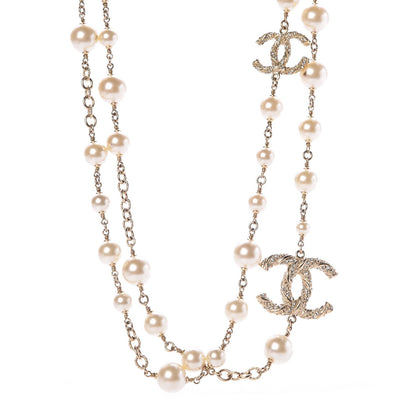 Chanel Graduated Pearl Crystal Twisted CC Long Necklace Gold 1 of 4