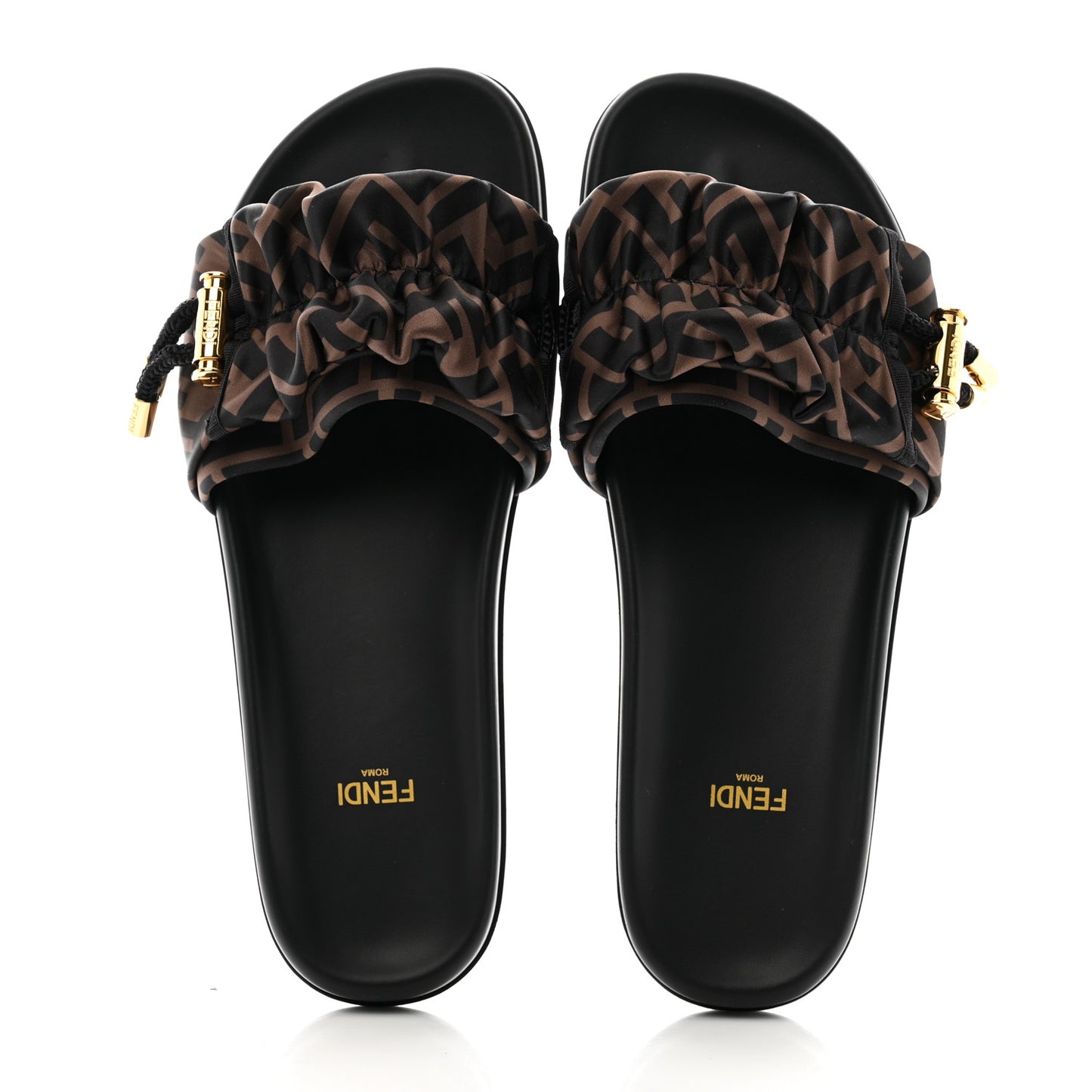 Satin FF Fendi Feel Slide Sandals 39 Tobacco Black